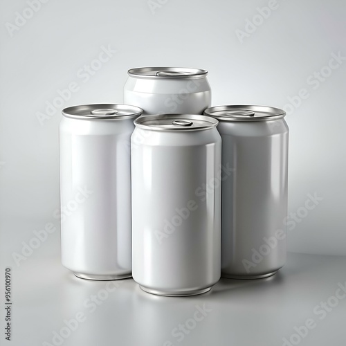 Four blank aluminum cans arranged in a pyramid shape. perfect for showcasing your beverage brand or design.