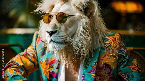 In the green summer a white lion is dressed in a colorful suit and wear a luxury glasses