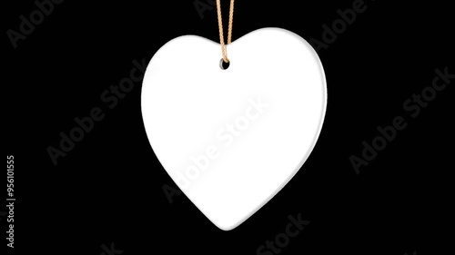 Hanging ceramic heart Christmas ornament. 3d rendering video with alpha channel.
