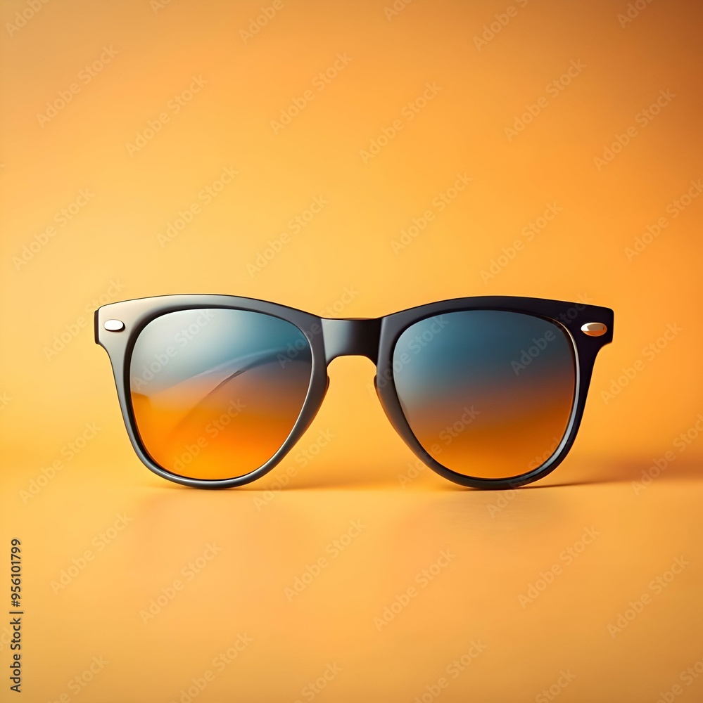 Stylish black sunglasses with a gradient lens reflecting a warm summer sunset. Stylish black sunglasses with a gradient lens reflecting a warm summer sunset.
