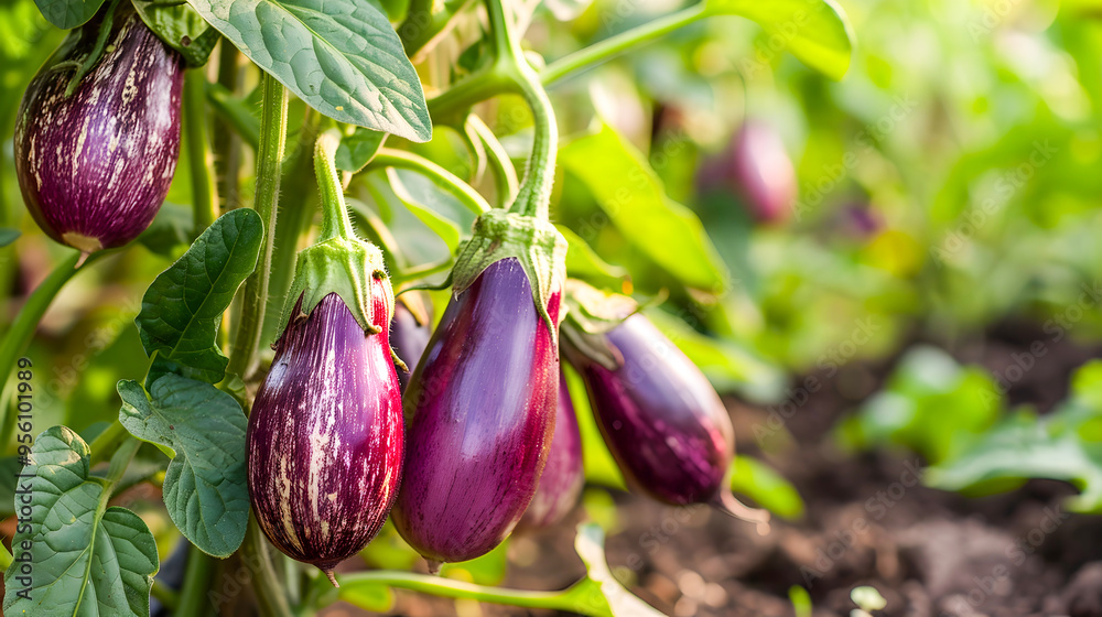 Fresh ripe eggplants or growing on the vine in a lush green vegetable garden during the summer season  The eggplants have a deep vibrant purple color and are surrounded by healthy green foliage