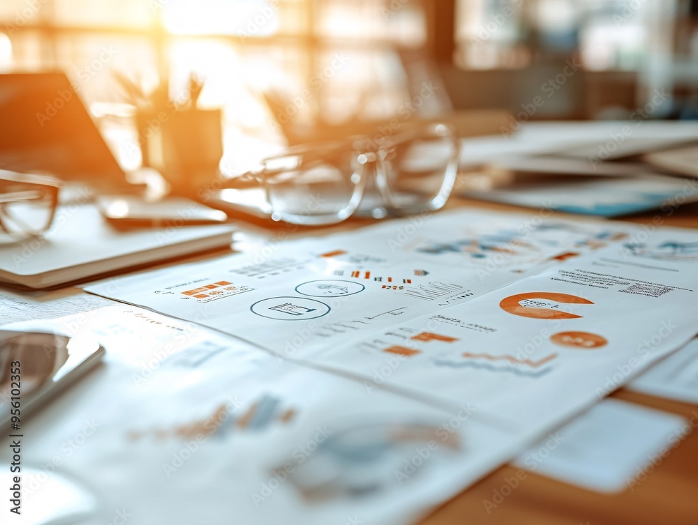 Business plan documents spread across a modern office table, showcasing innovative growth ideas Business plan documents spread across a modern office table, showcasing innovative growth ideas