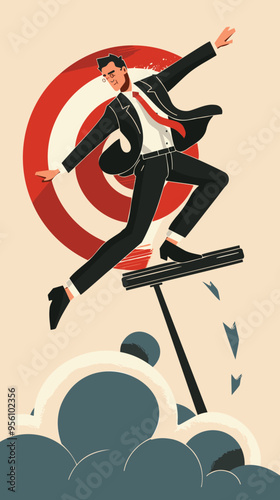 Determined businessman aiming for success, holding dart and climbing ladder to reach target on bullseye, strategic planning and goal setting concept