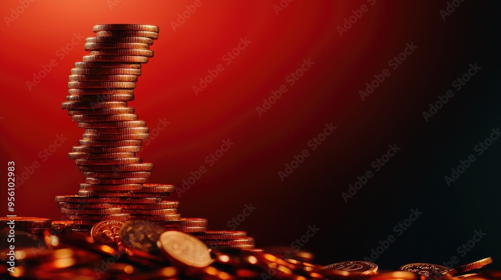 Obraz premium Coins tumbling down a staircase with an interest rate symbol, declining financial returns