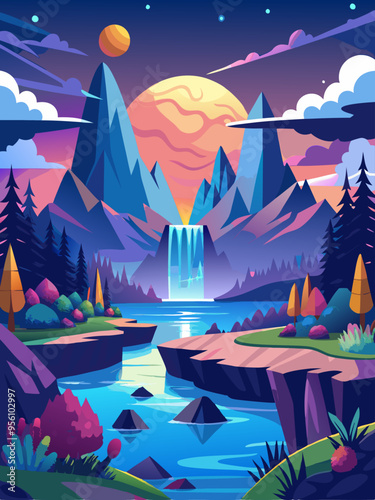 A Serene Waterfall in a Fantasy Mountain Landscape