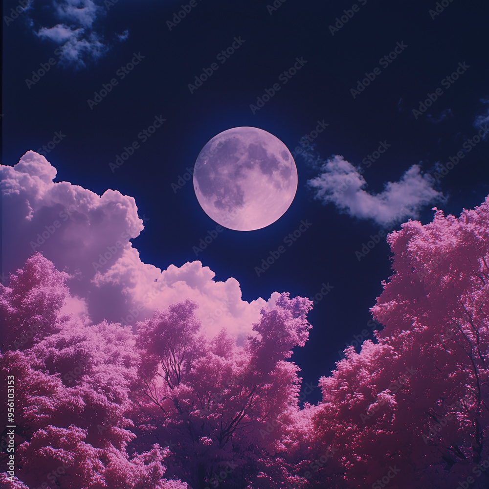 Obraz premium Full Moon Illuminating Pink Trees and Clouds in a Serene Night Sky