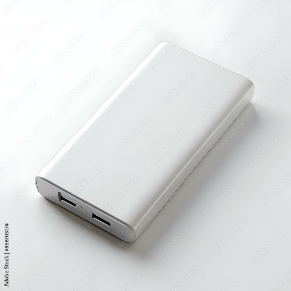 Clean and minimalist mockup of a portable power bank in silver. perfect for showcasing your brand or design. Clean and minimalist mockup of a portable power bank in silver. perfect for showcasing your brand or design.