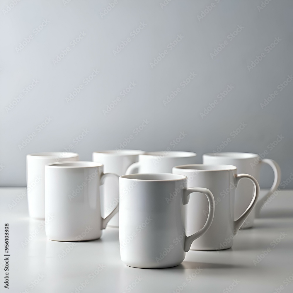 A row of six pristine white mugs arranged on a clean. gray background. A row of six pristine white mugs arranged on a clean. gray background.