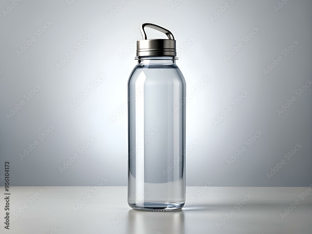 Clean and minimalist mockup of a glass water bottle with a metal cap and loop handle. perfect for showcasing your brand or design. Clean and minimalist mockup of a glass water bottle with a metal cap and loop handle. perfect for showcasing your brand or design.