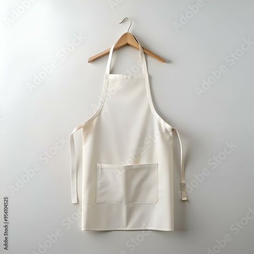 A clean and simple white apron with a single pocket. hanging on a wooden hanger against a white background.
