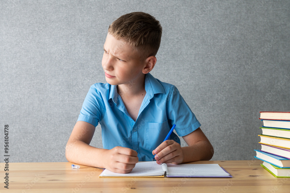 Young Boy Concentrating on Reading Books at Desk. International Dysgraphia Awareness Day Young Boy Concentrating on Reading Books at Desk. International Dysgraphia Awareness Day