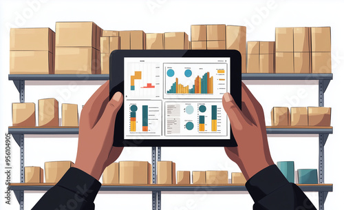 An illustration of hands holding an iPad displaying graphs and charts, with shelves in the background filled with boxes, indicating warehouse management or stock control. 