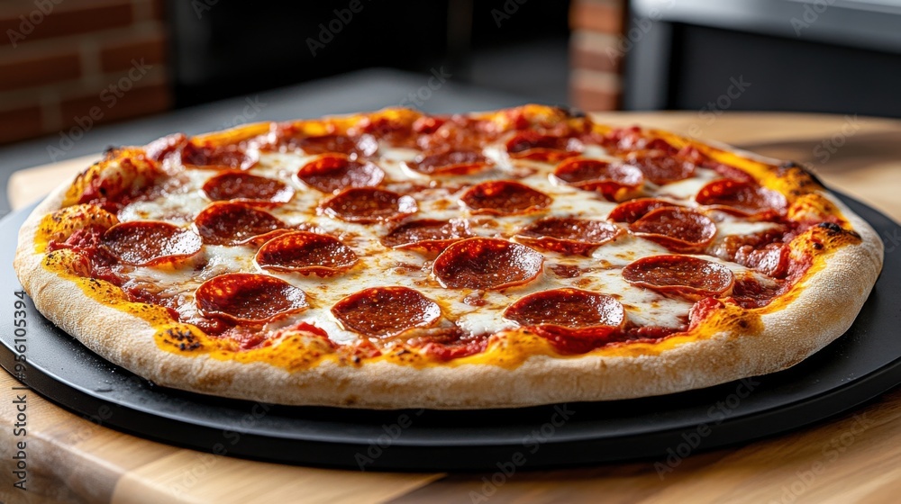 Delicious Pepperoni Pizza on Black Plate with Wooden Background Delicious Pepperoni Pizza on Black Plate with Wooden Background