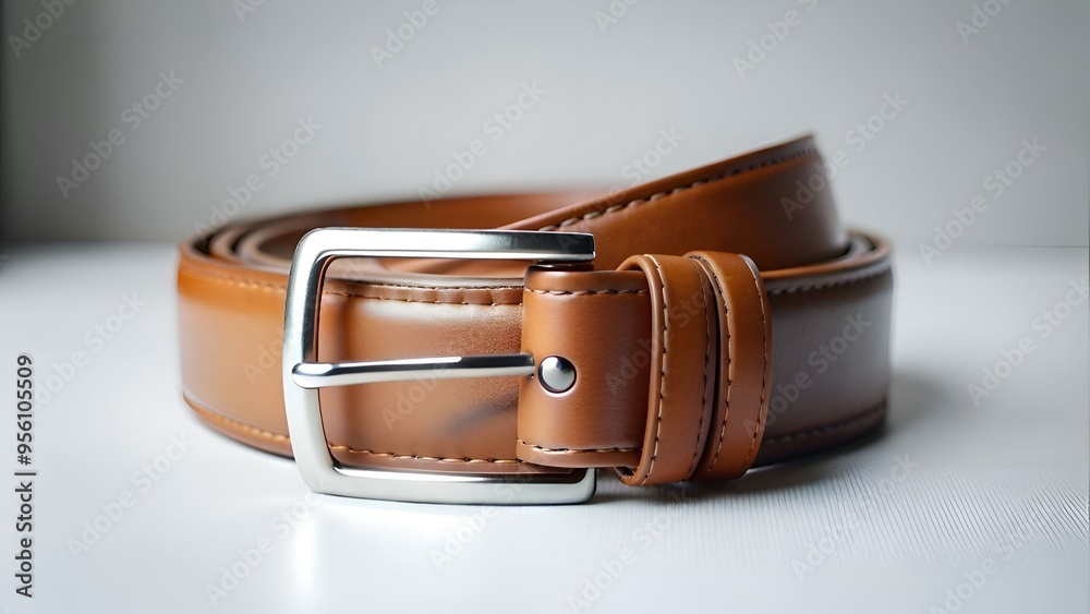 A close up shot of a brown leather belt with a silver buckle. A close up shot of a brown leather belt with a silver buckle.