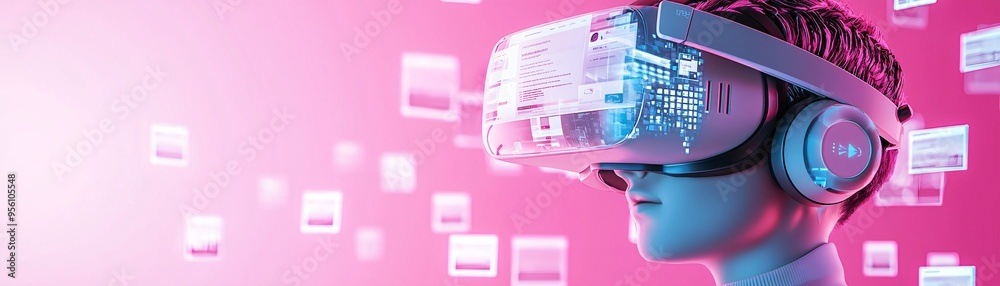 Obraz premium Virtual reality scene of a user building a website in a 3D environment, immersive web development concept, futuristic UI/UX.