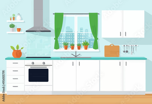 Vibrant Kitchen with Green Curtains and City View