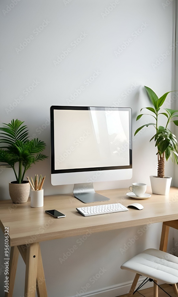Modern minimalist workspace mockup with a blank computer screen. ready for your design or message. Modern minimalist workspace mockup with a blank computer screen. ready for your design or message.
