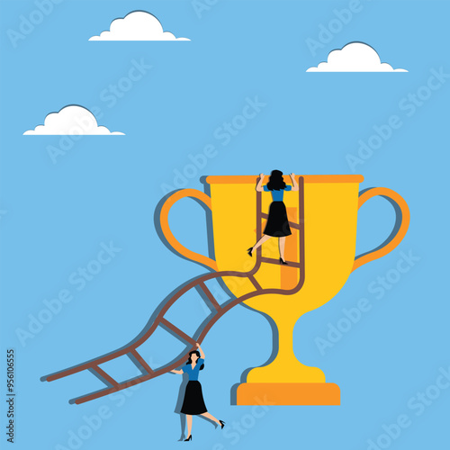 Women holding ladder to cup and man goe uptair photo