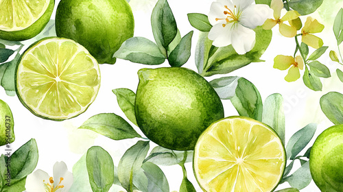 Fototapeta Naklejka Na Ścianę i Meble -  Watercolor Lime Fruit and Flower Seamless Pattern