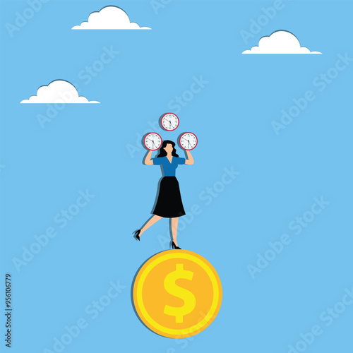 Woman juggle clock while tanding on coin