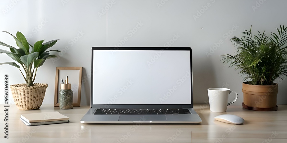 Fototapeta premium A minimalist workspace featuring a laptop with a blank screen. a coffee mug. a wireless mouse. and two potted plants.