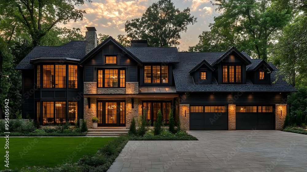 Modern Black Farmhouse with Stone Accents and Large Windows at Dusk Modern Black Farmhouse with Stone Accents and Large Windows at Dusk