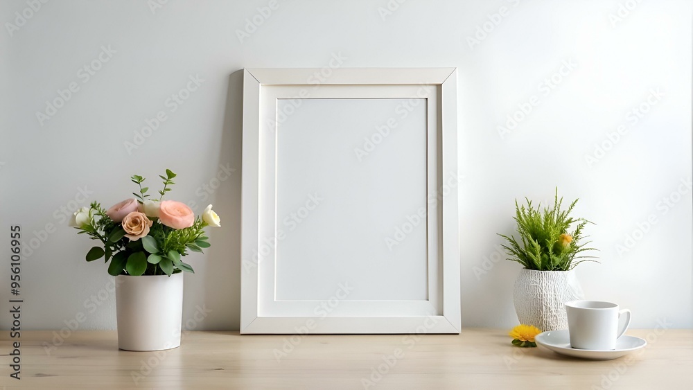 Elegant white frame mockup on a wooden table with fresh flowers and a potted plant. Elegant white frame mockup on a wooden table with fresh flowers and a potted plant.