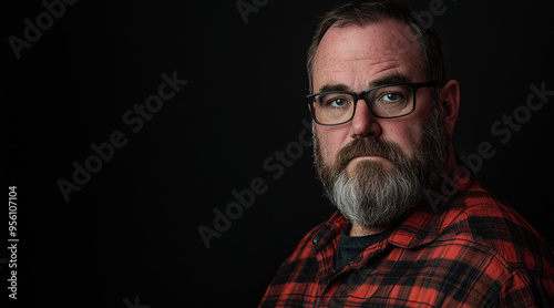 candid photo of a bearded obese man in his mid forties, glasses, big eyebrows, slightly receding hairline, wearing a plaid shirt with a fine red pattern, black background, studio photography 