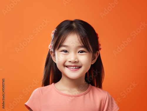 Coral background Happy Asian child Portrait of young beautiful Smiling child good mood