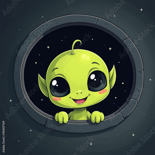 Smiling Alien with Big Eyes and Green Hair