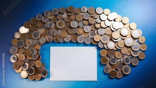 Euro Coins Arranged on Brain Cutout, Blue Background, Copy Space