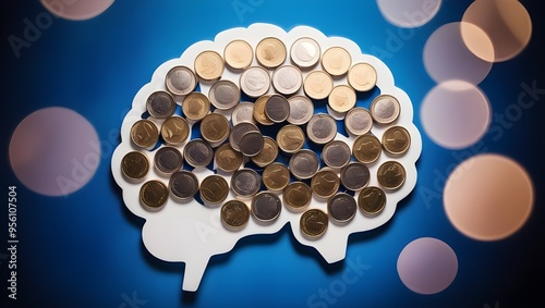 Euro Coins Arranged on Brain Cutout, Blue Background, Copy Space