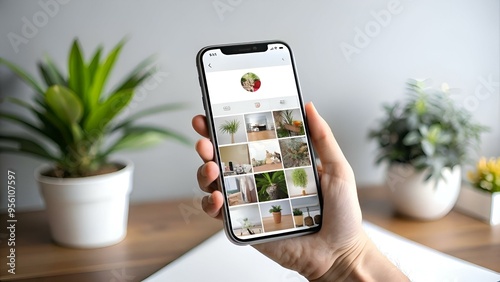 A close up shot of a hand holding a smartphone displaying a grid of images. showcasing the appealing nature of online photo galleries.