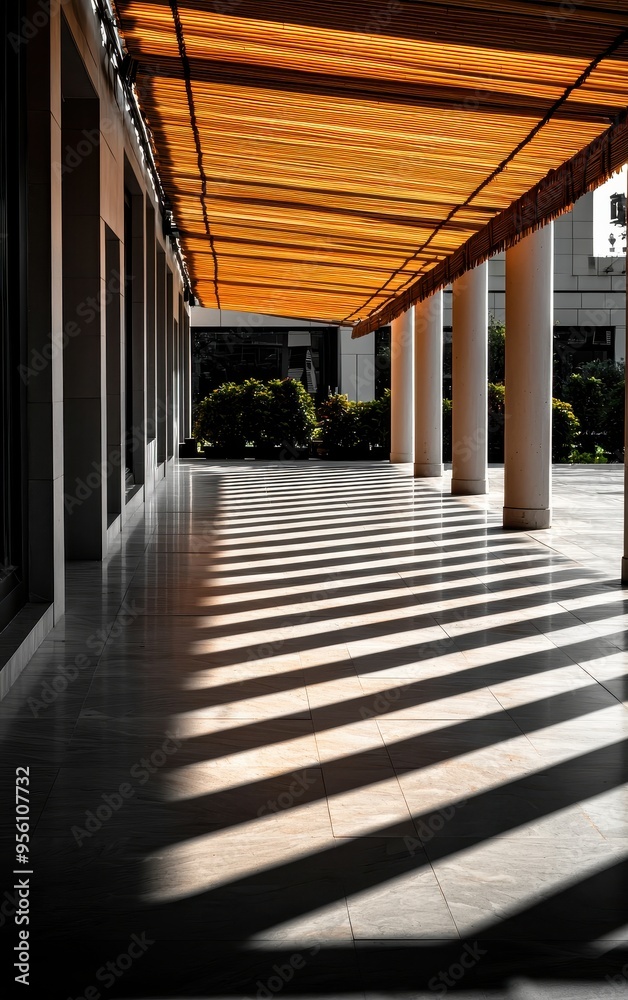 A modern walkway featuring dynamic shadows cast by an orange awning, highlighting architectural design and natural light interplay. A modern walkway featuring dynamic shadows cast by an orange awning, highlighting architectural design and natural light interplay.