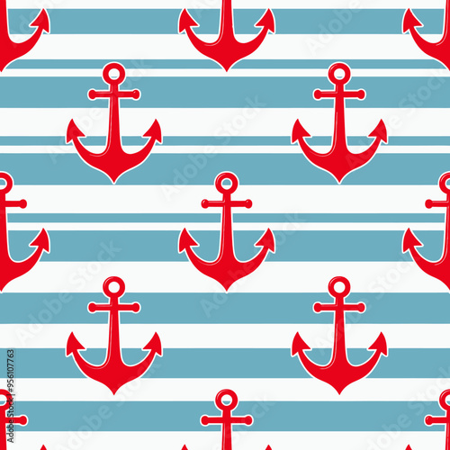 Red Anchor Pattern on Blue Striped Background