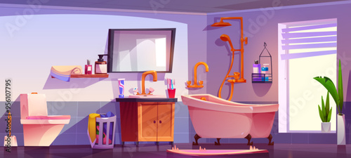 Bathroom interior with shower and mirror in house. Clean modern bath room in hotel or flat. Shampoo, towel, soap stuff and washbasin furniture near window inside restroom graphic illustration