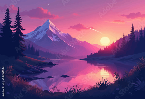 Purple Sunset Over Mountain Lake