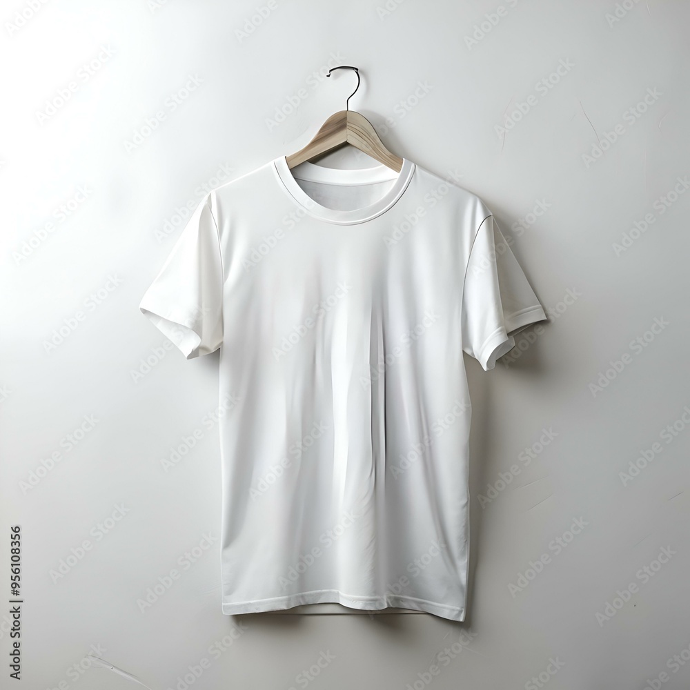 A clean and simple white t shirt mockup hanging on a wooden hanger against a white background. A clean and simple white t shirt mockup hanging on a wooden hanger against a white background.