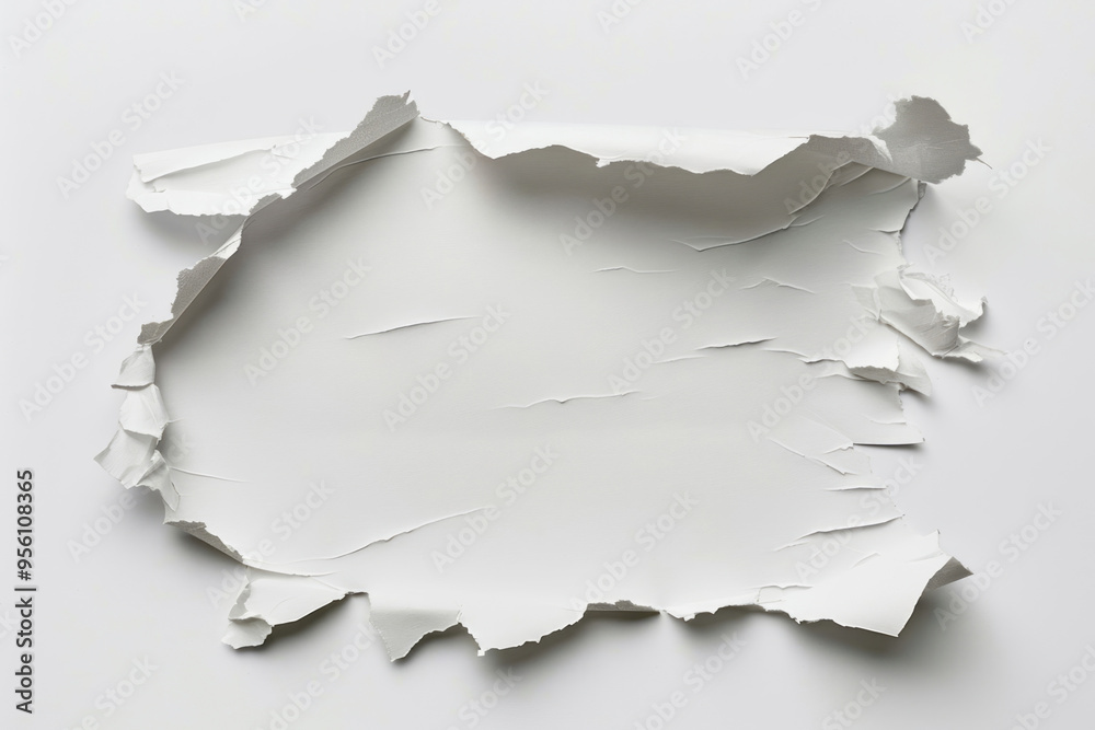 A piece of white paper with torn edges and an irregular hole in the center on a white backdrop, creating a sense of depth. A piece of white paper with torn edges and an irregular hole in the center on a white backdrop, creating a sense of depth.
