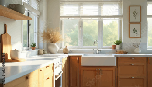 Natural Light Illuminates Modern Kitchen with Wooden Cabinets and White Countertops