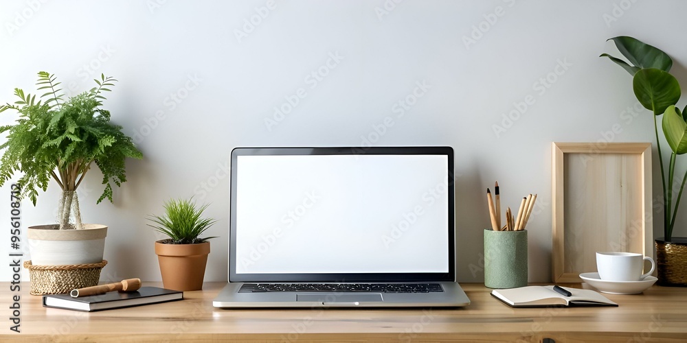 Minimalist workspace mockup featuring a laptop with blank screen. notebooks. and a cup of coffee. Minimalist workspace mockup featuring a laptop with blank screen. notebooks. and a cup of coffee.