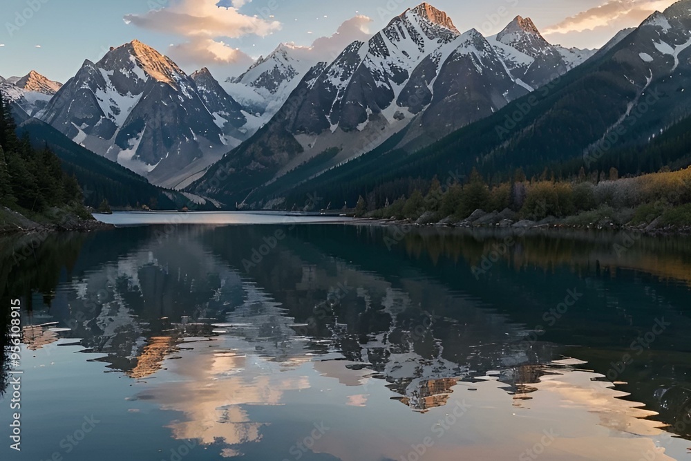 Serene sunset over mountains, their reflection shimmering in a tranquil lake, creating a picturesque natural scene. Serene sunset over mountains, their reflection shimmering in a tranquil lake, creating a picturesque natural scene.