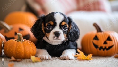 Adorable Puppy in Black Halloween Costume with Pumpkin: Festive Pet Portrait for Holiday Marketing, NFT Art, and Apparel Design. Cute Animal Celebration Embracing Cultural Diversity and Freedom in Hig