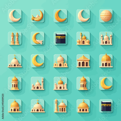 Islamic Architecture Icons: A Collection of 12 Diverse Religious Buildings and Symbols