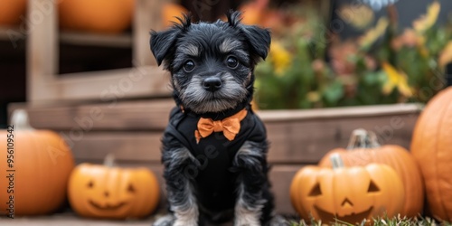 Adorable Puppy in Black Halloween Costume with Pumpkin: Festive Pet Portrait for Holiday Marketing, NFT Art, and Apparel Design. Cute Animal Celebration Embracing Cultural Diversity and Freedom in Hig photo