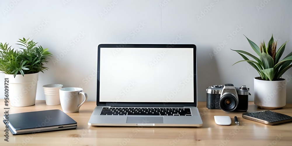 Clean and minimalist mockup featuring a laptop with blank screen. a camera. and a notebook on a wooden desk. Clean and minimalist mockup featuring a laptop with blank screen. a camera. and a notebook on a wooden desk.