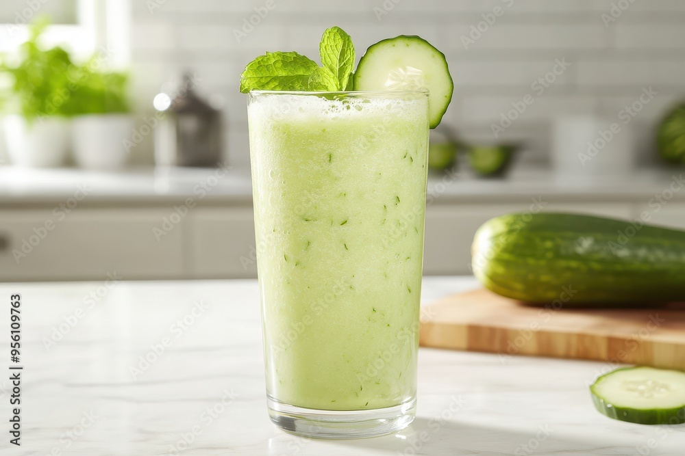 A refreshing cucumber smoothie garnished with mint, served in a tall glass. A refreshing cucumber smoothie garnished with mint, served in a tall glass.