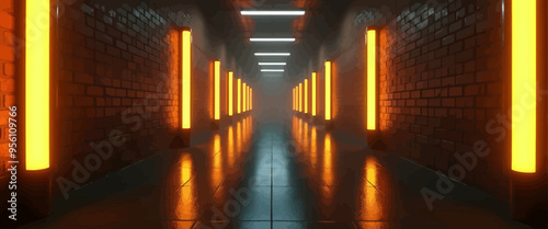 Illuminated Brick Hallway with Lights Reflecting on Floor