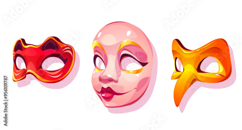 Masquerade mask and carnival face costume vector icon. Venetian theater festival art for acting isolated cartoon set. Vintage opera performance element for celebration or party object collection.