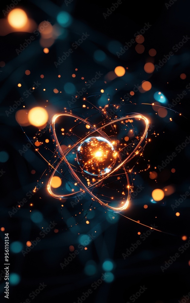 Obraz premium Abstract representation of an atom with glowing particles and vibrant colors, perfect for science or technology themes.